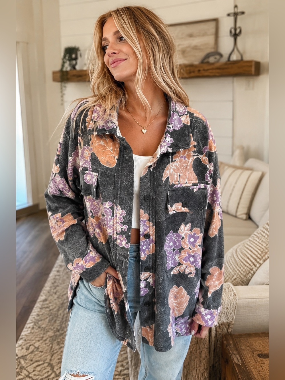 Free People Floral Button-Up Jacket in Charcoal, Lavender & Peach Large
